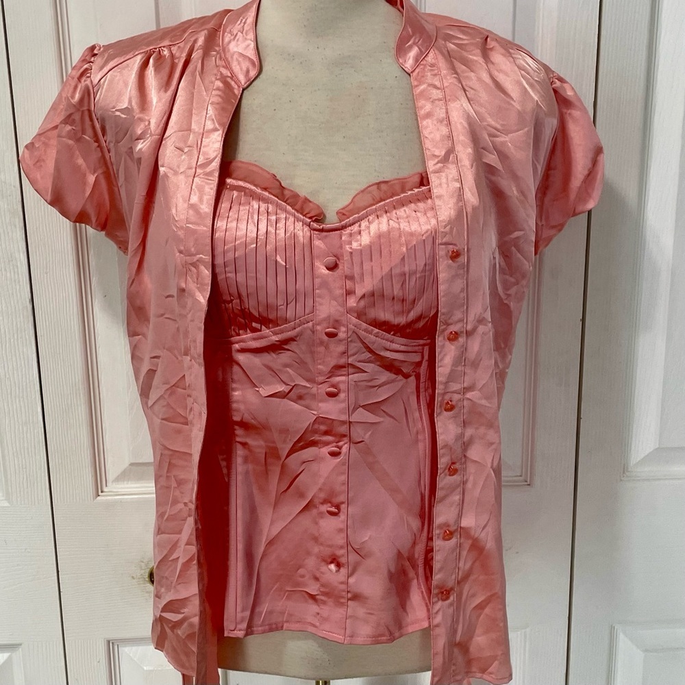 Vintage Satin Dots Pink Corset Top with Jacket Caplet Set